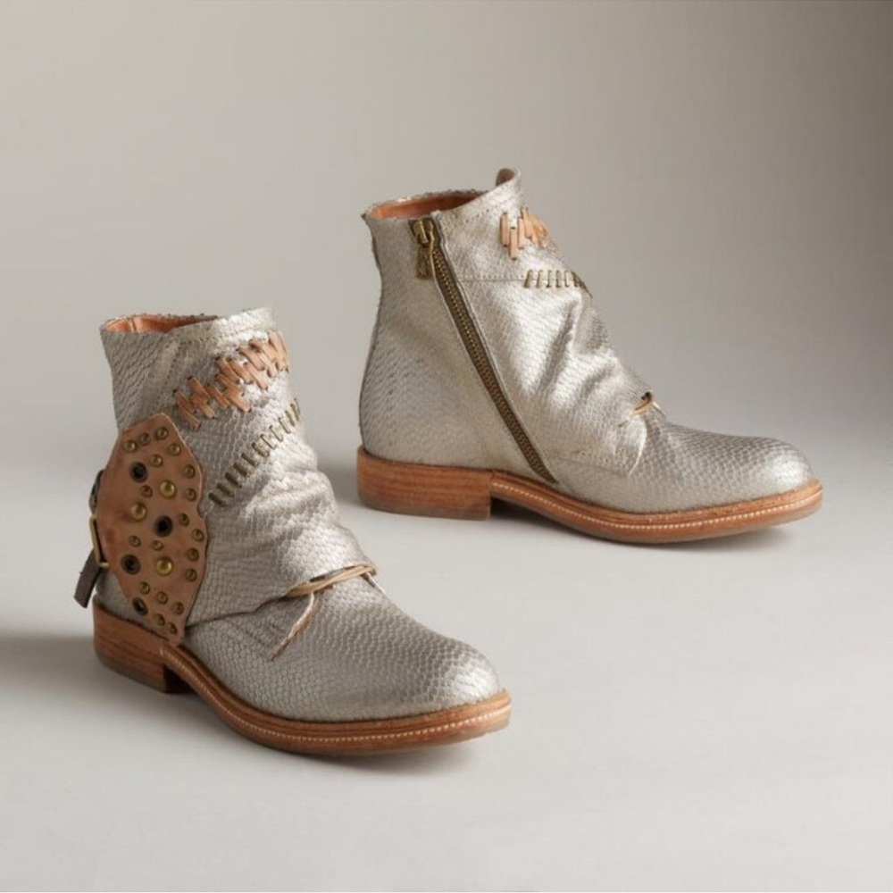 A.S.98 Metallic Silver Woven Ankle Boots with Tan Accents